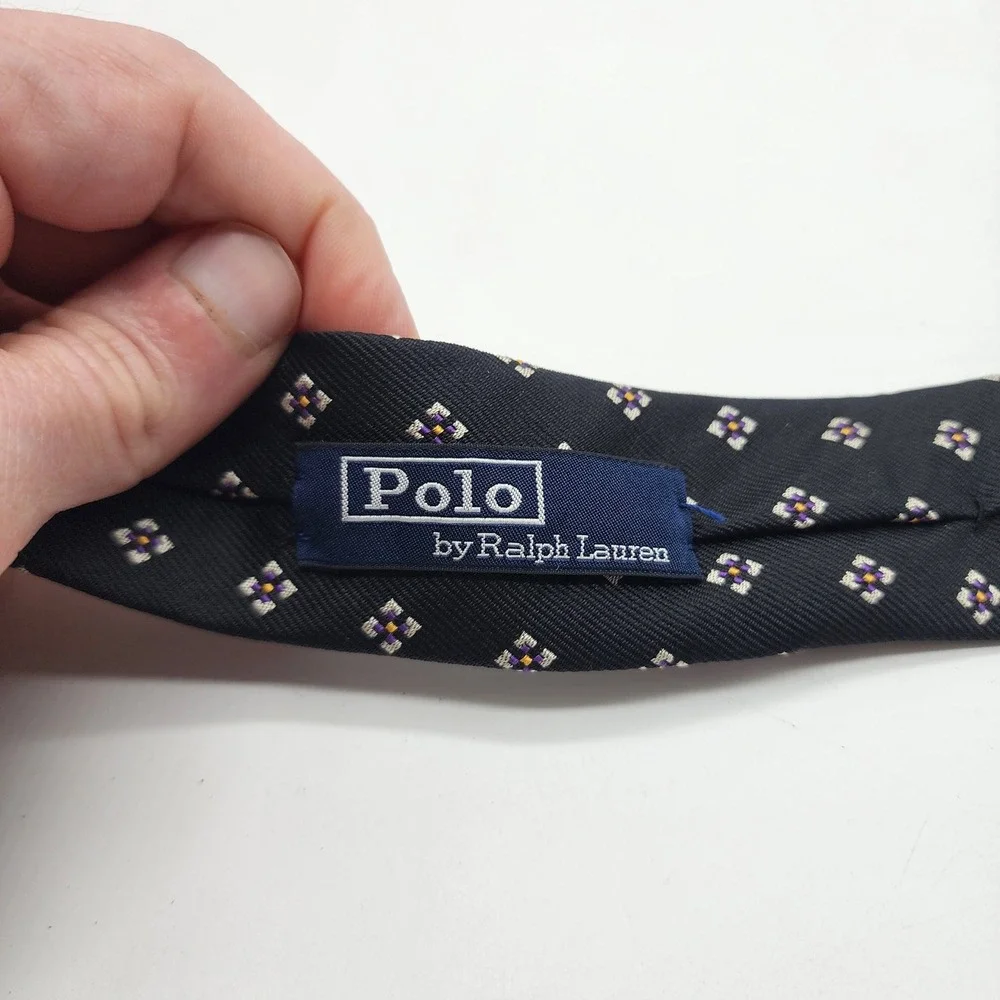 Polo Ralph Lauren Black Purple Geometric Floral Silk Necktie Handmade Italy